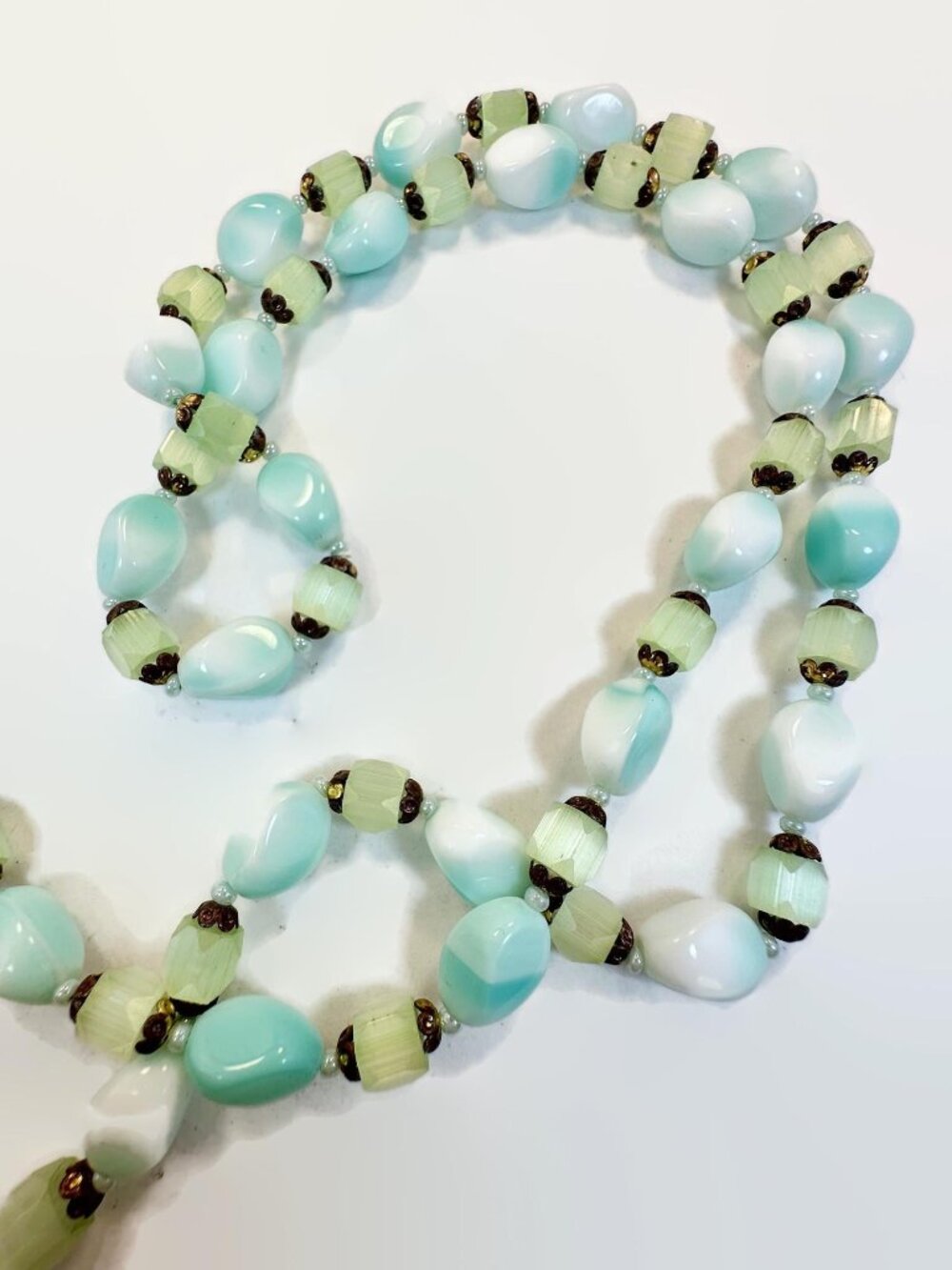 Vintage Uranium Glass, Czech, Beaded Necklace, UV Glow, 30" Long, Aqua, White